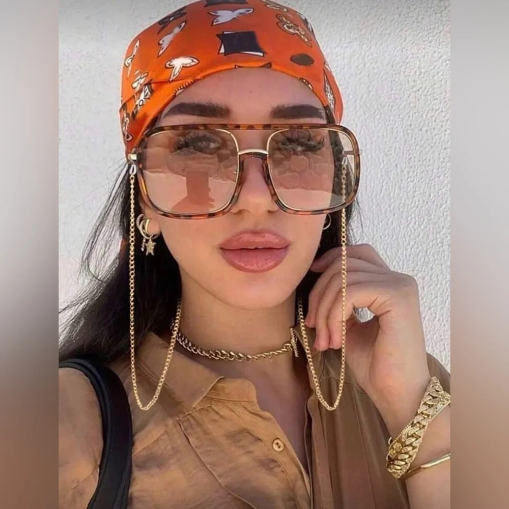 NIP Leopard Square Oversized Sunglasses W/Chain - Picture 1 of 6